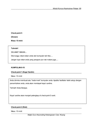 Modul Kursus Kepimpinan Pelajar 69
Tahniah!
SELAMAT MAKAN....
Sila tunggu rakan-rakan anda dari kumpulan lain tiba.....
Jangan lupa rakan anda yang pengsan pun nak makan juga.....
Anda diminta membuat satu “trade mark” kumpulan anda. Apabila fasilitator telah setuju dengan
persembahan anda, anda akan mendapat kaya/ sardine.
Tahniah! Anda Berjaya.
Kaya/ sardine akan menjadi pelengkap di check point 5 nanti.
Check point 5
(Dewan)
Masa: 15 minit
KUMPULAN 6-10
Check point 1 (Kaya/ Sardin)
Masa: 15 minit
Check point 2 (Roti)
Masa: 15 minit
Majlis Guru Kaunseling Kebangsaan Caw. Kluang
 