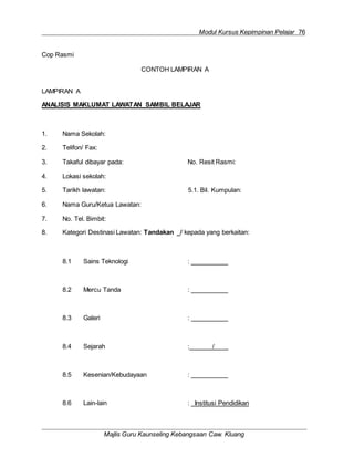 Modul Kursus Kepimpinan Pelajar 76
Majlis Guru Kaunseling Kebangsaan Caw. Kluang
Cop Rasmi
CONTOH LAMPIRAN A
LAMPIRAN A
ANALISIS MAKLUMAT LAWATAN SAMBIL BELAJAR
1. Nama Sekolah:
2. Telifon/ Fax:
3. Takaful dibayar pada: No. Resit Rasmi:
4. Lokasi sekolah:
5. Tarikh lawatan: 5.1. Bil. Kumpulan:
6. Nama Guru/Ketua Lawatan:
7. No. Tel. Bimbit:
8. Kategori Destinasi Lawatan: Tandakan _/ kepada yang berkaitan:
8.1 Sains Teknologi :
8.2 Mercu Tanda :
8.3 Galeri :
8.4 Sejarah : /
8.5 Kesenian/Kebudayaan :
8.6 Lain-lain : _Institusi Pendidikan
 