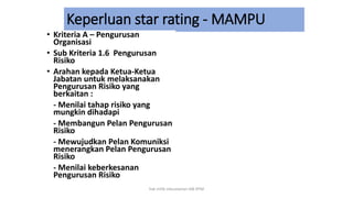 Keperluan star rating - MAMPU
• Kriteria A – Pengurusan
Organisasi
• Sub Kriteria 1.6 Pengurusan
Risiko
• Arahan kepada Ketua-Ketua
Jabatan untuk melaksanakan
Pengurusan Risiko yang
berkaitan :
- Menilai tahap risiko yang
mungkin dihadapi
- Membangun Pelan Pengurusan
Risiko
- Mewujudkan Pelan Komuniksi
menerangkan Pelan Pengurusan
Risiko
- Menilai keberkesanan
Pengurusan Risiko
hak milik mbustaman IAB KPM
 