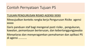 Contoh Pernyataan Tujuan PS
TUJUAN PENGURUSAN RISIKO AGENSI XXXX
Mewujudkan konteks rangka kerja Pengurusan Risiko agensi
xxxxx
Garis panduan staf bagi mengenal pasti risiko , pengukuran,
kawalan, pemantauan berterusan, dan kebertanggungjawaba
Menyelaras dan menyeragamkan pemahaman dan aplikasi PS
di agensi …………
 