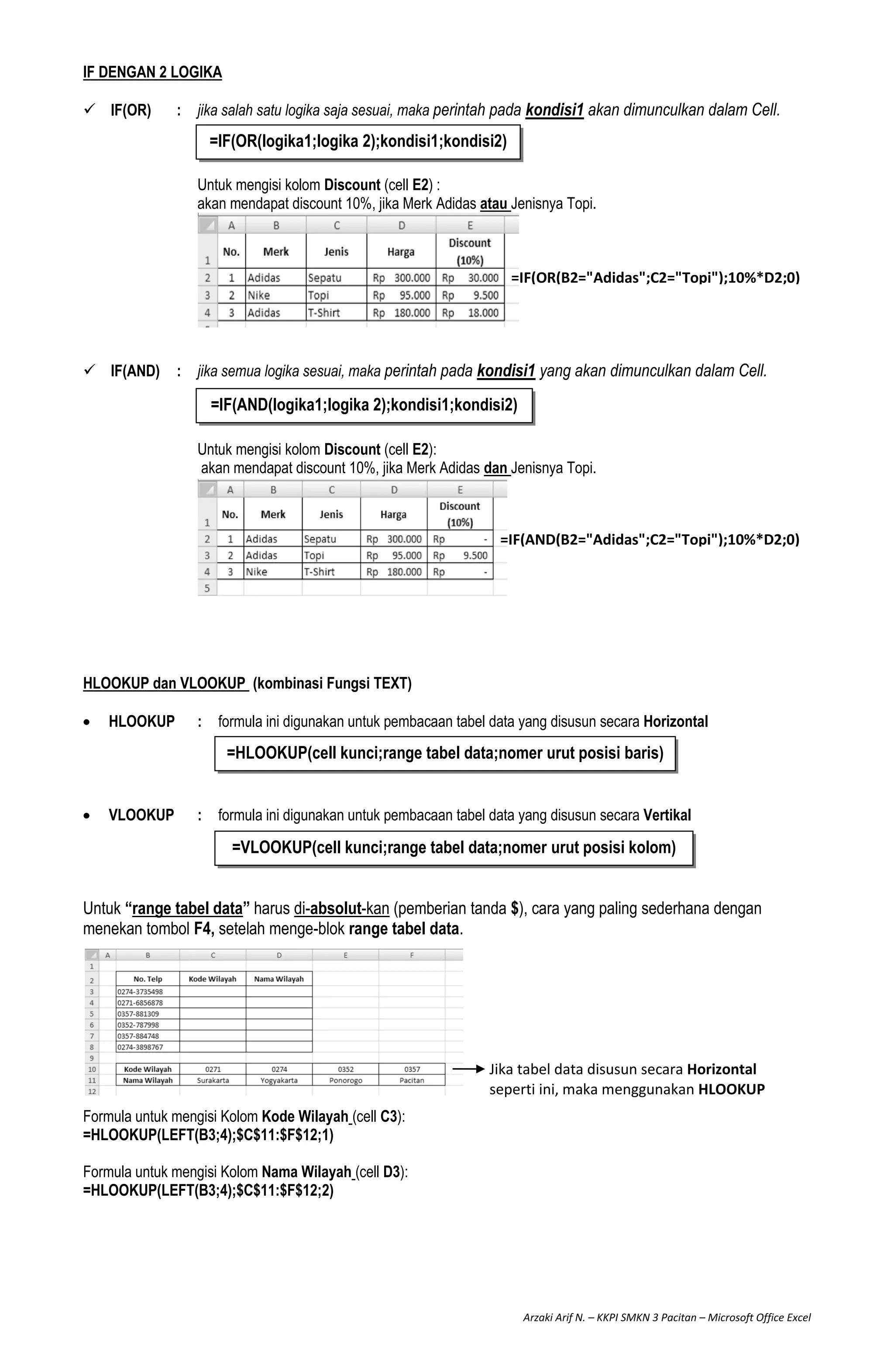 Arzaki Arif N. – KKPI SMKN 3 Pacitan – Microsoft Office Excel
=IF(OR(logika1;logika 2);kondisi1;kondisi2)
=IF(AND(logika1;logika 2);kondisi1;kondisi2)
=HLOOKUP(cell kunci;range tabel data;nomer urut posisi baris)
=VLOOKUP(cell kunci;range tabel data;nomer urut posisi kolom)
IF DENGAN 2 LOGIKA
 IF(OR) : jika salah satu logika saja sesuai, maka perintah pada kondisi1 akan dimunculkan dalam Cell.
Untuk mengisi kolom Discount (cell E2) :
akan mendapat discount 10%, jika Merk Adidas atau Jenisnya Topi.
 IF(AND) : jika semua logika sesuai, maka perintah pada kondisi1 yang akan dimunculkan dalam Cell.
Untuk mengisi kolom Discount (cell E2):
akan mendapat discount 10%, jika Merk Adidas dan Jenisnya Topi.
HLOOKUP dan VLOOKUP (kombinasi Fungsi TEXT)
HLOOKUP : formula ini digunakan untuk pembacaan tabel data yang disusun secara Horizontal
VLOOKUP : formula ini digunakan untuk pembacaan tabel data yang disusun secara Vertikal
Untuk “range tabel data” harus di-absolut-kan (pemberian tanda $), cara yang paling sederhana dengan
menekan tombol F4, setelah menge-blok range tabel data.
Formula untuk mengisi Kolom Kode Wilayah (cell C3):
=HLOOKUP(LEFT(B3;4);$C$11:$F$12;1)
Formula untuk mengisi Kolom Nama Wilayah (cell D3):
=HLOOKUP(LEFT(B3;4);$C$11:$F$12;2)
=IF(OR(B2="Adidas";C2="Topi");10%*D2;0)
=IF(AND(B2="Adidas";C2="Topi");10%*D2;0)
Jika tabel data disusun secara Horizontal
seperti ini, maka menggunakan HLOOKUP
 