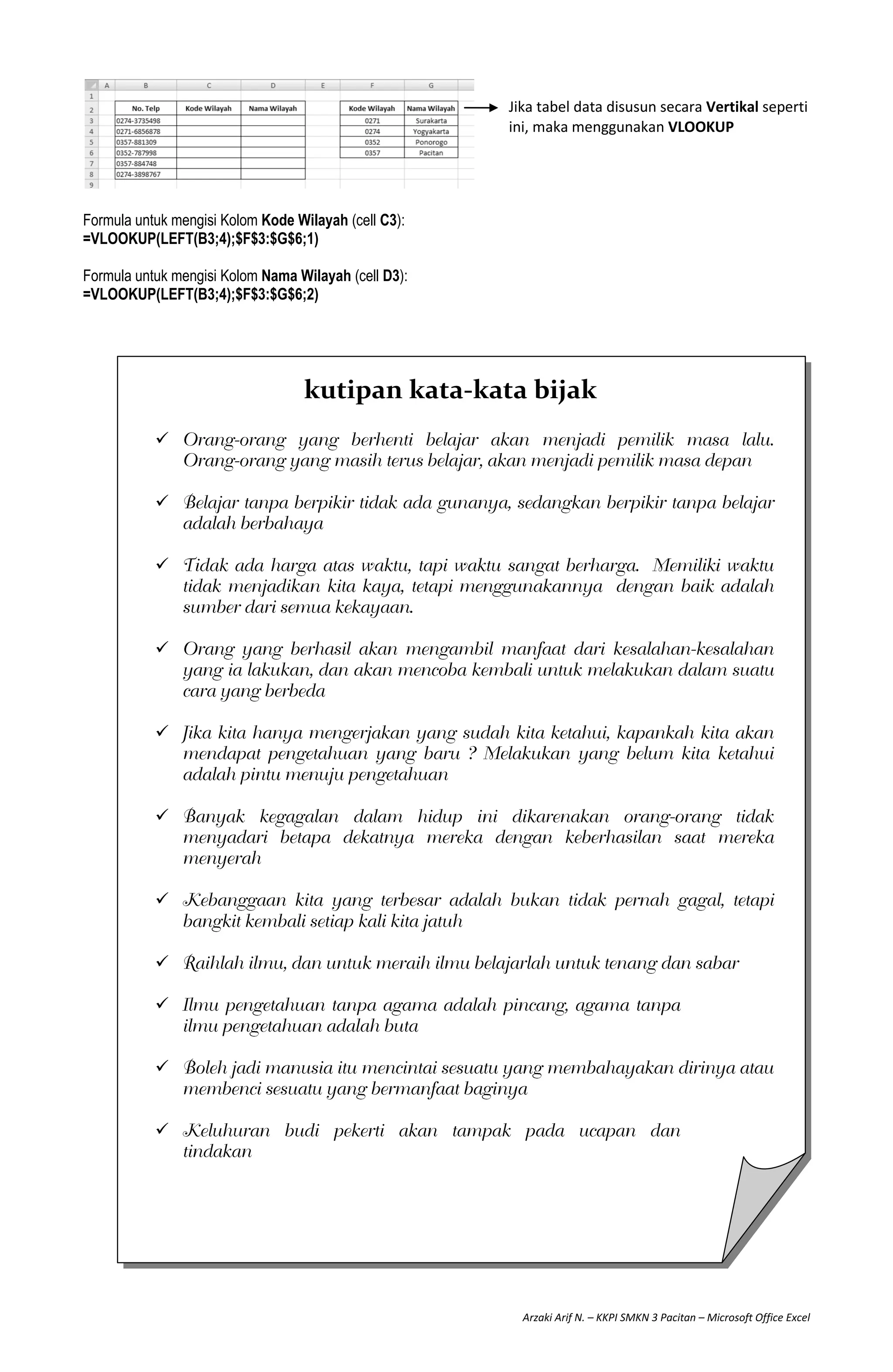 Arzaki Arif N. – KKPI SMKN 3 Pacitan – Microsoft Office Excel
Formula untuk mengisi Kolom Kode Wilayah (cell C3):
=VLOOKUP(LEFT(B3;4);$F$3:$G$6;1)
Formula untuk mengisi Kolom Nama Wilayah (cell D3):
=VLOOKUP(LEFT(B3;4);$F$3:$G$6;2)
Jika tabel data disusun secara Vertikal seperti
ini, maka menggunakan VLOOKUP
kutipan kata-kata bijak











 