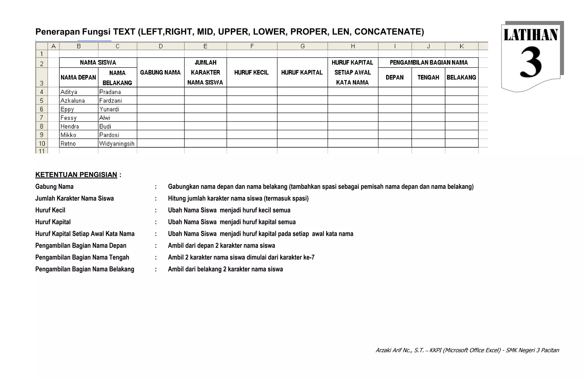 Arzaki Arif Nc., S.T. – KKPI (Microsoft Office Excel) - SMK Negeri 3 Pacitan
Penerapan Fungsi TEXT (LEFT,RIGHT, MID, UPPER, LOWER, PROPER, LEN, CONCATENATE)
KETENTUAN PENGISIAN :
Gabung Nama : Gabungkan nama depan dan nama belakang (tambahkan spasi sebagai pemisah nama depan dan nama belakang)
Jumlah Karakter Nama Siswa : Hitung jumlah karakter nama siswa (termasuk spasi)
Huruf Kecil : Ubah Nama Siswa menjadi huruf kecil semua
Huruf Kapital : Ubah Nama Siswa menjadi huruf kapital semua
Huruf Kapital Setiap Awal Kata Nama : Ubah Nama Siswa menjadi huruf kapital pada setiap awal kata nama
Pengambilan Bagian Nama Depan : Ambil dari depan 2 karakter nama siswa
Pengambilan Bagian Nama Tengah : Ambil 2 karakter nama siswa dimulai dari karakter ke-7
Pengambilan Bagian Nama Belakang : Ambil dari belakang 2 karakter nama siswa
 