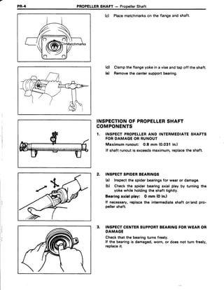 PR-4 PROPELLERSHAFT- PropellerShaft
(c) Placematchmarkson the flangeandshaft.
(d) Clampthe flangeyokein a viseandtapoff the shaft.
(e) Removethe centersupportbearing.
INSPECTIONOF PROPELLERSHAFT
COMPONENTS
1. INSPECTPROPELLERAND INTERMEDIATESHAFTS
FORDAMAGEORRUNOUT
Maximumrunout: 0.8 mm (0.031in.l
lf shaft runoutis exceedsmaximum,replacethe shaft.
2. INSPECTSPIDERBEARINGS
(a) Inspectthe spiderbearingsfor wearor damage.
(b) Checkthe spiderbearingaxialplay by turningthe
yokewhileholdingthe shafttightly.
Bearingaxial play: O mm (0 in.l
lf necessary,replacethe intermediateshaft orland pro-
pellershaft.
3. INSPECTCENTERSUPPORTBEARINGFORWEAROR
DAMAGE
Checkthat the bearingturns freely.
lf the bearingis damaged,worn, or does not turn freely,
replaceit.
 