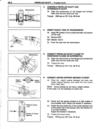 PR-6 PROPELLERSHAFT - PropeilerShaft
SST
3. ASSEMBTEPROPELLERSHAFTAND
INTERMEDIATESHAFT
(a) Align the matchmarkson the flangesand connect
them with the four bolts and nuts.
Torque: 430 kg-cm (31 ft-|b,42 N.ml
4, INSERTSLEEVEYOKEIN TRANSMISSION
{a) Apply MP greaseto the outsadediameterandsplines
of the yoke.
(b) RemoveSST.
ssT09325-12010
(c) Pushthe yoke into the transmission.
5. CONNECTPROPELLERSHAFT FLANGETO
COMPANIONFLANGEON DIFFERENTIAL
(a) Alignthe matchmarkson theflangesandconnectthe
them with the four bolts and nuts.
(b) Torguethe nuts.
Torque: 43Okg-cm (31 ft-tb,42 N.m)
6. CONNECTCENTERSUPPORTBEARINGTO BODY
ta) Placethe height washer betweenthe body and
centersupport bearing,and installthe two mount
boltsfingertight.
NOTE: Somevehiclesdo not havea heightwasher..
In this case,it is not necessaryto insertone.
(b) Checkthat the bearingbracketis at right anglesto
the propellershaft Adjust the bracketif necessary.
(c) Checkthat the centerlineof the centerbearingis set
to the centerlineof the bracketwhenthe vehicleis in
a no-loadcondition.
Adjust the bracketif necessary.
(d) Torquethe mountbolts.
Torque: 375 kg-cm Q7 tt-ab,37N.m)
Front1-
Centerof Center
Bearing
 
