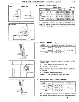 FRONTAXLEAND SUSPENSION- FrontWheelAlignment FA-5
Front Rear (FWDI
Rear (4WD)
MoreCamber
4, INSPECTVEHICLEHEIGHT
Vehicleheight mm (in.)
lf heightof the vehicleis not within specification,try to
levelit by shakingit down.lf the heightis stillnotcorrect,
checkfor badspringsandwornor loosesuspensionparts.
5. ADJUSTCAMBER camber:
Vehicle Inspectionstandard Left-right error
FWD
Sedan 1 0 ' + 3 0 '
30' or lessWagon s' + 30'
4WD 40' -t- 30'
lf camberisout of tolerance,adjustbyturningthecamber
adjustingcam.
(a) Loosenthe shockabsorbermountnut.
(b) Turnthe camto adjust.
NOTE: Camberchangesabout20'with eachgraduation
of the cam.
(c) Tightento the specifiedtorque.
Torque: 1,45Okg-cm {105ft-lb, 142 N'm)
6. ADJUSTSTEERINGAXIS INCLINATION
Vehicle Inspectionstandard Left-righterror
FWD
Sedan 12'30' * 30'
30' or lessWagon 12035' + 30'
4WD 11'50' -t- 30'
lf the steeringaxisinclinationis out of tolerance,inspect
andreplaceanydamagedor wornfronts$rplnsionparts.
s[
Tiresize Front Rear
o
3
Sedan
1 4 5S R1 3
1 5 5S R1 3
165/70SR13
203.017.9921
208.0(8.189)
204.0(8.O31)
287.O
292.O
288.0
11.299)
11.496)
11.339)
Wagor 1 5 5SR 1 3 207 (8.150) 308.5 12.146l.
4WD
1 5 5S R1 3
t75/70SR13
234.419.2281
235.4(9.268)
273.O
274.O
10.748)
10.787)
 