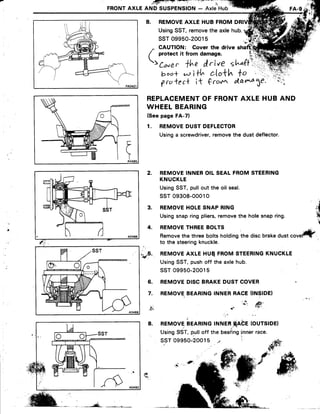 FRONTAXLEAND SUSPENSION- AxleHub
8. REMOVEAXLE HUB FROM
UsingSST,removethe axlehub.
ssT 09950-20015
,. CAUTION: Cover the drive shaftrhl
( protect it from damage. (r':q
t;; , +in f,rlvetl""ffii
!,ocr* d i t{" cIo*h to " .rr:'r,
gra*ec* it €ro*r ata^4 1e.
REPLACEMENTOF FRONTAXLEHUBAND
WHEELBEARING
(Seepage FA-7)
1. REMOVEDUSTDEFLECTOR
Usinga screwdriver,removethe dustdeflector.
REMOVEINNEROIL SEALFROMSTEERING
KNUCKLE
UsingSST,pullou.tthe oil seal.
ssr 09308-00010
REMOVEHOLESNAPRING
Usingsnapringpliers,removethe holesnapring.
REMOVETHREEBOLTS
Removethe threeboltsholdingthe discbrakedust
to the steeringknuckle.
,..F. REMOVEAXLEHUQFROMSTEERINGKNUCKLE
€r:
UsingSST,pushoff the axlehub.
ssT 09950-20015
6. REMOVEDISCBRAKEDUSTCOVER
7. REMOVEBEARINGINNERRACE'(INSIDE)
2.
a
,{
n.1
n
t
3.
4.
fr
,f+
8. REMOVE.BEARTNGrlruen.qAbe(OUrSlOe)
Using9ST,pulloff the beaiing'innerrace.
ssT 09950;20015 t r
 