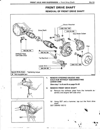FRONTAXLE AND SUSPENSION- FrontDriveShaft FA.13
FRONTDRIVESHAFT
REMOVALOF FRONTDRIVESHAFT
ShockAbsorber
StiffenerPlate
(LeftSideOnly)
ffi- :
R---x+.
Tie RodEnd---€
lRgrcmITi-|b,T.mi]: Tishteningtorque
O : Non-reusablepart
DiscBrakeCaliper
1.900 {137, 186}
LowerArm
. t .
1. REMOVESTEERINGKNUCKEAND
AXLEHUBWITHOUTDISCONNECTING
LOWERARM
(Seestep 1 to 6 and8 on pageFA-81
2. REMOVEFRONTDRIVESHAFT
(a) Removethe stiffenerplatefrom the transaxleas-
semblyand"engine(leftsideonly).
(b) UsingSST.anda hammer,tap out the front drive
shaft.
ssr 09648-16010
k
 