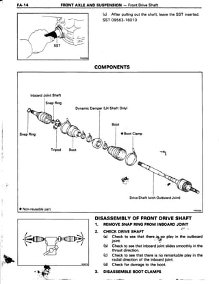1 FA.l4 FRONTAXLE AND SUSPENSION- FrontDriveShaft
(d After pullingout the shaft, leavethe SST inserted.
ssT 09563-16010
DISASSEMBLY OF FRONT DRIVE SHAFT
1. REMOVESNAPR|NGFROMTNBOARD'OITI
2. CHECKDRIVESHAFT
,-
(a) Check to see that therejS.po play in the outboard
joint. ' :*
(b) Checkto seethat inboardjoint slidessmoothlyin the
thrust direction.
(c) Checkto seethat there is no remarkableplay in the
radialdirectionof the inboardjoint.
(d Checkfor damageto the boot.
3. DISASSEMBLEBOOTCLAMPS
COMPONENTS
DynamicDamper(LHShaft Only)
L*lt,. t f .
{ft
DriveShaft(withOutboardJoint)
O Non-reusablepart
InboardJoint Shaft
Tripod
Boot
,,h
 
