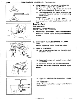 'l
FA.24 FRONTAXLE AND SUSPENSION- FrontSuspension
7
3. INSPECTBALL JOINT FORROTATIONCONDITION
(d Removethe balljoint. (SeepageFA-29)
(b) As shown in the figure,flip the balljoint stud back
andforth 5 times beforeinstallingthe nut
(d Usinga torquegauge,turn the nut continuouslyone
turn each 2-4 secondsand take the torque reading
on the 5th turn.
Torque{turning}:
I - 25 kg-cm 17- 21 in.-lb,0.8 - 2'4 N'ml
lf the torque is not within specification,replacethe ball
ioint.
LowerArm
(Seepage FA-23)
REMOVALOFLOWERARM
1. DISCONNECTLOWERARM TO STEERINGKNUCKLE
Removethe two boltsholdingthe balljointto the steering
knuckle.
2. DISCONNECTSTABILIZERBAR ENDTO LOWER
ARM
Removethe stabilizerbar nut, retainerandcushion.
3. REMOVELOWERARM
(a) Jack up the oppositewheel until the vehiclebody
lifts off the stands.
(b) Loosenthe lowerarmbolt,prythe lowerarmandpull
out the bolt.
(d Disconnectthe lower arm from the stabilizerbar.
CAUTTON: Be careful not to lose the caster adiust
spacer.
(d) UsingSST,disconnectthe balljoint from the lower
arm.
ssT 09950-20015
NOTE: Temporarilyinstallthe nutto preventtheballjoint
from fallingout.
 