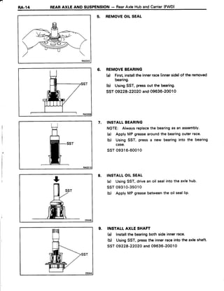 a
RA.14 REARAXLE AND SUSPENSION- RearAxIe HubAndCarrier(FWD)
5. REMOVEOIL SEAL
6. REMOVEBEARING
(a) First installtheinnerrace(innerside)of the removed
bearing.
(b) UsingSST,pressout the bearing.
SST09228-22O2Oand09636-20010
7. INSTALLBEARING
NOTE: Alwaysreplacethe bearingasan assembly.
(a) ApplyMP greasearoundthe bearingouterrace.
(b) UsingSST, press a new bearinginto the bearing
case.
ssr 09316-60010
8. INSTALLOIL SEAL
(a) UsingSST,drivean oil sealintothe axlehub.
ssT o9310-35010
(b) ApplyMP greasebetweenthe oil seallip'
9. INSTALL AXLE SHAFT
(d Installthe bearingboth side innerrace.
(b) UsingSST,pressthe innerraceinto the axleshaft.
SST09228-22O2Oand09636-2001O
 