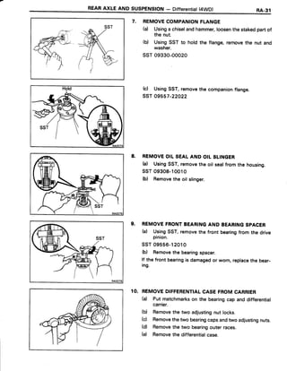 REARAXLE AND SUSPENSTON- Differentiat(4WD) RA-31
7. REMOVECOMPANIONFLANGE
(a) Usinga chiselandhammer,loosenthe stakedpartof
the nut.
(b) UsingSST to hold the flange,removethe nut and
washer.
ssT 09330-00020
b) UsingSST,removethe companionflange.
ssT 09557-22022
8. REMOVEOILSEALAND OILSLTNGER
h) UsingSST,removethe oil sealfrom the housing.
ssr 09308-10010
(b) Removethe oil slinger.
9. REMOVEFRONTBEARINGAND BEARINGSPACER
(a) UsingSST,removethe front bearingfrom the drive
pinion.
ssT 09556-12010
(b) Removethe bearingspacer.
lf the front bearingis damagedor worn,replacethe bear-
ing.
10. REMOVEDIFFERENTIALCASEFROMCARRIER
(d Put matchmarkson the bearingcap and differential
carrier.
(b) Removethe two adjustingnut locks.
(c) Removethetwo bearingcapsandtwo adjustingnuts.
(d) Removethe two bearingouter races.
(d Removethe differentialcase.
 