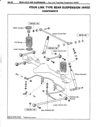 RA-42 REARAXLE AND SUSPENSION- FourLinkType RearSuspension(4WD)
FOURLINKTYPEREARSUSPENSION(4WDI
COMPONENTS
fl,rooEz lrol
.ffi |
Upperlnsutator-{sH9 I
€ d @ (
g - LateralControl Rod
l l- 650t+?,54l_l
€ ^T-l l  n o o o @
A/----_-9 a,r
f f I r,zooraz,nat]. I a
g
I
uooe,ControlArm ', @
o t r 1 1 " @
a",,,0.,"n@
Lowertnrut.tor-@
D aia I i @v @
i o'wr=:i
b | .g
e € t , 6
E i*u
, W t eq ShockAbsorber
a n v
%=
e @
e
Fv
? u.,
r€
@.,a
i,' a^ @a
LowerControlArm
-lb, N'm)l : Tighteningtorque
Rear StabilizerBar
 