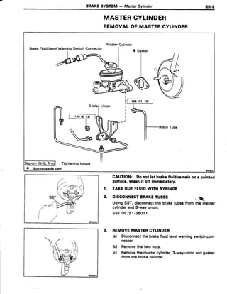 BRAKESYSTEM- MasterCylinder BR-9
MASTERCYLINDER
REMOVALOF MASTERCYLINDER
Master Cylinder
BrakeFluidLevelWarningSwitchConnector t) Gasket
II
s
BrakeTube
-cm (ft-lb,
O: Non-reusablepart
1 s5 (11 , 1 5 )
Tighteningtorque
GAUTION: Do not let brakefluid remainon a painted
surface. Wash it off immediatoly.
1. TAKEOUTFLUIDWITH SYRINGE
2. DISCONNECTBRAKETUBES j ,.
Usin! SST, disconnectthe braketubesfrom tfie master
cylinderand3-wayunion.
ssT 09751-36011
3. REMOVEMASTERCYLINDER
(d Disconnectthe brakefluid levelwarningswitch con-
nector.
(b) Removethe two nuts.
(c) Removethemastercylinder,3-wayunionandgasket
from the brakebooster.
 