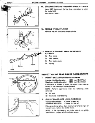 .,ea-24 BRAKESYSTEM - RearBrake(Sedan)
11. DISCONNECTBRAKETUBEFROMWHEELCYLINDER
UsingSST,disconnectthe line.Use a containerto catch
the brakefluid.
ssr 09751-36011
12. REMOVEWHEETCYLINDER
Removethe two bolts and wheel cylinder.
REMOVEFOLLOWING
CYLINDER:
(d Two boots
(b) Two pistons
(c) Two pistoncups
(d Spring
PARTSFROMWHEEL
INSPECTIONOF REARBRAKECOMPONENTS
1. INSPECTBRAKEDRUMINSIDEDIAMETER
Standardinsidediameter: 180.0 mm (7.087 in.)
Maximuminsidediameter: 181.0mm (7.126in.)
lf the drum is scored or worn, the brake drum may be
lathedto the maximuminsidediameter.
NOTE: Perform operations with the following parts
removed:
(d Oil seal
(b) lnnerandouterbearing
2. INSPECTBRAKESHOELININGTHICKNESS
Standardthickness: 4.0 mm (0.157 in.l
Minimum thickness: 1.0 mm (0.039 in.)
lf the shoeliningis lessthanminimumor showssignsof
unevenwear,replacethe brakeshoes.
NOTE: lf the thicknessof any brakeshoeis not within
specification,replaceall of the brakeshoes.
. r S
Ao@(
fl@oTu"/ I
v / l l
| | Piston
I
sorins
 