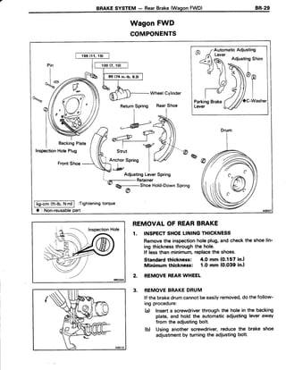 WagonFWD
COMPONENTS
/a 7-AutomaticAdjusti
uu A Lever
gqJ#*i' J(   N b
.-fl 4il)Parkirfse,"x"/ ///cc-
Lever 4//ReturnSpring
WheelCylinder
RearShoe
-*__-a
tr&9)Anchorsprins I LZ/
J.^h' I
- @ @
FrontShoe
AdjustingLeverSpring
-.-Retainer
-
@ ^ ShoeHold-DownSpring
@
kg-cm (ft-lb,N'm) :Tighteningtorque
| : Non-reusablepart
Drum
100(7,r0l
BackingPlate
REMOVALOF REARBRAKE
1. INSPECTSHOELININGTHICKNESS
Removethe inspectionholeplug,andcheckthe shoelin-
ing thicknessthroughthe hole.
lf lessthan minimum,replacethe shoes.
Standardthickness: 4.0 mm (0.157 in.l
Minimum thickness: 1.0 mm (0.039 in.l
2. REMOVEREARWHEEL
3. REMOVEBRAKEDRUM
lf the brakedrumcannotbeeasilyremoved,do thefollow-
ing procedure:
(d Inserta screwdriverthroughthe hole in the backing
plate, and hold the automaticadiustingleveraway
from the adjustingbolt.
(b) Using anotherscrewdriver,reduce the brake shoe
adjustmentby turningthe adjustingbolt.
 