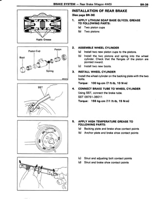BRAKESYSTEM - RearBrake(Wagon4WD) 8R.39
Apply Grease
INSTALLATIONOF REARBRAKE
(Seepage BR-361
1. APPLY LITHIUM SOAPBASEGLYCOLGREASE
TO FOLLOWINGPARTS:
H Two pistoncups
(d Two pistons
2. ASSEMBLEWHEELCYLINDER
(d Installtwo new pistoncups to the pistons.
(d Install the two pistons and spring into the wheel
cylinder.Check that the flanges of the piston are
pointedinward.
(c) Installtwo new boots.
3. INSTALLWHEELCYLINDER
Installthewheelcylinderonthebackingplatewiththetwo
bolts.
Torque: lOO kg-cm (7 ft-lb, 1ON.ml
4. CONNECTBRAKETUBETO WHEELCYLINDER
UsingSST,connectthe braketube.
ssT 09751-36011
Torque: 155 kg-cm (11 ft-lb, 15 N.ml
5. APPTYHIGHTEMPERATUREGREASETO
FOLLOWINGPARTS:
(a) Backingplateand brakeshoecontactpoints
(b) Anchor plateand brakeshoecontactpoints
(d Strut and adjustingbolt contactpoints
(d) Strut and brakeshoecontactpoints
Pistoncup
Piston
'"i'
lKs^*@#@
d@*''*,J."n
 