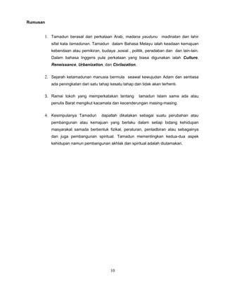 Rumusan


      1. Tamadun berasal dari perkataan Arab, madana yaudunu madinatan dan lahir
          sifat kata tamadunan. Tamadun dalam Bahasa Melayu ialah keadaan kemajuan
          kebendaan atau pemikiran, budaya ,sosial , politik, peradaban dan dan lain-lain.
          Dalam bahasa Inggeris pula perkataan yang biasa digunakan ialah Culture,
          Reneissance, Urbanization, dan Civilazation.


      2. Sejarah ketamadunan manusia bermula seawal kewujudan Adam dan sentiasa
          ada peningkatan dari satu tahap kesatu tahap dan tidak akan terhenti.

      3. Ramai tokoh yang memperkatakan tentang           tamadun Islam sama ada atau
          penulis Barat mengikut kacamata dan kecenderungan masing-masing.


      4. Kesimpulanya Tamadun        dapatlah dikatakan sebagai suatu perubahan atau
          pembangunan atau kemajuan yang berlaku dalam setiap bidang kehidupan
          masyarakat samada berbentuk fizikal, peraturan, pentadbiran atau sebagainya
          dan juga pembangunan spiritual. Tamadun mementingkan kedua-dua aspek
          kehidupan namun pembangunan akhlak dan spiritual adalah diutamakan.




                                          10
 
