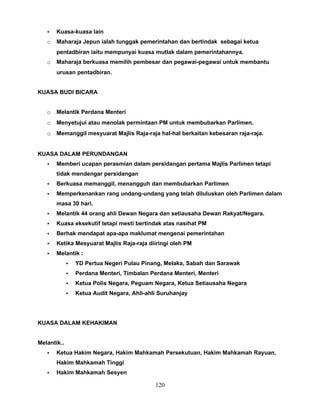 •   Kuasa-kuasa lain
   o   Maharaja Jepun ialah tunggak pemerintahan dan bertindak sebagai ketua
       pentadbiran iaitu mempunyai kuasa mutlak dalam pemerintahannya.
   o   Maharaja berkuasa memilih pembesar dan pegawai-pegawai untuk membantu
       urusan pentadbiran.


KUASA BUDI BICARA


   o   Melantik Perdana Menteri
   o   Menyetujui atau menolak permintaan PM untuk membubarkan Parlimen.
   o   Memanggil mesyuarat Majlis Raja-raja hal-hal berkaitan kebesaran raja-raja.


KUASA DALAM PERUNDANGAN
   •   Memberi ucapan perasmian dalam persidangan pertama Majlis Parlimen tetapi
       tidak mendengar persidangan
   •   Berkuasa memanggil, menangguh dan membubarkan Parlimen
   •   Memperkenankan rang undang-undang yang telah diluluskan oleh Parlimen dalam
       masa 30 hari.
   •   Melantik 44 orang ahli Dewan Negara dan setiausaha Dewan Rakyat/Negara.
   •   Kuasa eksekutif tetapi mesti bertindak atas nasihat PM
   •   Berhak mendapat apa-apa maklumat mengenai pemerintahan
   •   Ketika Mesyuarat Majlis Raja-raja diiringi oleh PM
   •   Melantik :
             •   YD Pertua Negeri Pulau Pinang, Melaka, Sabah dan Sarawak
             •   Perdana Menteri, Timbalan Perdana Menteri, Menteri
             •   Ketua Polis Negara, Peguam Negara, Ketua Setiausaha Negara
             •   Ketua Audit Negara, Ahli-ahli Suruhanjay




KUASA DALAM KEHAKIMAN


Melantik..
   •   Ketua Hakim Negara, Hakim Mahkamah Persekutuan, Hakim Mahkamah Rayuan,
       Hakim Mahkamah Tinggi
   •   Hakim Mahkamah Sesyen

                                             120
 
