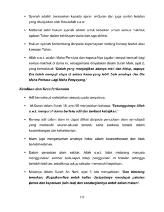    Syariah adalah berasaskan kepada ajaran al-Quran dan juga contoh teladan
      yang ditunjukkan oleh Rasulullah s.a.w.

     Matlamat akhir hukum syariah adalah untuk kebaikan umum semua makhluk
      ciptaan Tuhan dalam kehidupan dunia dan juga akhirat.

     Hukum syariah berkembang daripada kepercayaan tentang konsep tawhid atau
      keesaan Tuhan.

     Allah s.w.t. adalah Maha Pencipta dan kepada-Nya jugalah tempat kembali bagi
      semua makhluk di dunia ini, sebagaimana dinyatakan dalam Surah Mulk, ayat 2,
      yang bermaksud: ‘Dialah yang menjanjikan adanya mati dan hidup, supaya
      Dia boleh menguji siapa di antara kamu yang lebih baik amalnya dan Dia
      Maha Perkasa Lagi Maha Penyayang.’

Keadilan dan Kesederhanaan

     Adil bermaksud meletakkan sesuatu pada tempatnya.

     Al-Quran dalam Surah 16, ayat 90 menyatakan bahawa: ‘Sesungguhnya Allah
      s.w.t. menyuruh kamu berlaku adil dan berbuat kebajikan.’

     Konsep adil dalam alam ini dapat dilihat daripada penciptaan alam semulajadi
      yang    mematuhi     ukuran-ukuran      tertentu    serta    sentiasa   berada    dalam
      keseimbangan dan keharmonian.

     Islam juga menganjurkan umatnya hidup dalam kesederhanaan dan tidak
      berlebih-lebihan.

     Dalam    persoalan    alam   sekitar,    Allah     s.w.t.   tidak   melarang     manusia
      menggunakan sumber semulajadi tetapi penggunaan ini tidaklah sehingga
      berlebih-lebihan, sebaliknya cukup sekadar memenuhi keperluan.

     Misalnya dalam Surah An Nahl, ayat 5 ada menyatakan: ‘Dan binatang
      ternakan, diciptakan-Nya untuk kalian daripadanya mendapat pakaian
      panas dan keperluan (lain-lain) dan sebahagiannya untuk kalian makan’.



                                           135
 