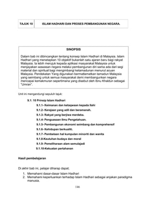 TAJUK 10         ISLAM HADHARI DAN PROSES PEMBANGUNAN NEGARA.




                                       SINOPSIS

 Dalam bab ini dibincangkan tentang konsep Islam Hadhari di Malaysia. Islam
 Hadhari yang menetapkan 10 objektif bukanlah satu ajaran baru bagi rakyat
 Malaysia. Ia lebih merujuk kepada aplikasi masyarakat Malaysia untuk
 menjayakan wawasan negara melalui pembangunan diri sama ada dari segi
 material dan spiritual bagi mengimbangi ketamadunan menurut acuan
 Malaysia. Pendekatan Yang digunakan bermatlamatkan tamadun Malaysia
 yang seimbang untuk semua masyarakat demi membangunkan negara
 mencapai kemakmuran sepertimana yang disebut oleh Ibnu Khaldun sebagai
 ”Umran”.


Unit ini mengandungi sepuluh tajuk:

       9.1: 10 Prinsip Islam Hadhari
              9.1.1- Keimanan dan ketaqwaan kepada Ilahi
              9.1.2- Kerajaan yang adil dan beramanah.
              9.1.3- Rakyat yang berjiwa merdeka.
              9.1.4- Penguasaan Ilmu Pengetahuan.
              9.1.5- Pembangunan ekonomi seimbang dan komprehensif
              9.1.6- Kehidupan berkualiti.
              9.1.7- Pembelaan hal kumpulan minoriti dan wanita
              9.1.8-Keutuhan budaya dan moral
              9.1.9- Pemeliharaan alam semulajadi
              9.1.10-Kekuatan pertahanan


Hasil pembelajaran


Di akhir bab ini, pelajar diharap dapat;
   1. Memahami dasar-dasar Islam Hadhari
   2. Memahami keperluankan terhadap Islam Hadhari sebagai anjakan paradigma
      manusia.

                                             146
 