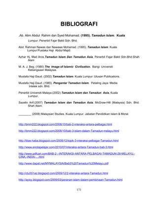 BIBLIOGRAFI
.Ab. Alim Abdul Rahim dan Syed Mohamad. (1995). Tamadun Islam. Kuala
       Lumpur: Penerbit Fajar Bakti Sdn. Bhd.

Abd. Rahman Nawas dan Nawawe Mohamad. (1995). Tamadun Islam. Kuala
      Lumpur:Pustaka Haji Abdul Majid.

Azhar Hj. Mad Aros,Tamadun Islam Dan Tamadun Asia, Penerbit Fajar Bakti Sdn.Bhd.Shah
      Alam

M. A. J. Beg. (1980) The Image of Islamic Civilization. Bangi: Universiti
        Kebangsaan Malaysia.

Mustafa Haji Daud. (2002) Tamadun Islam. Kuala Lumpur: Utusan Publications.

Mustafa Haji Daud. (1985). Pengantar Tamadun Islam. Petaling Jaya: Media
       Intelek sdn. Bhd.

Penerbit Universiti Malaya.(2002) Tamadun Islam dan Tamadun Asia. Kuala
       Lumpur.

Sazelin Arif.(2007) Tamadun Islam dan Tamadun Asia. McGraw-Hill (Malaysia) Sdn. Bhd.
       Shah Alam.

________ (2008) Malaysian Studies. Kuala Lumpur. Jabatan Pendidikan Islam & Moral.


http://bmm222.blogspot.com/2008/10/bab-2-interaksi-antara-pelbagai.html

http://bmm222.blogspot.com/2008/10/bab-3-islam-dalam-Tamadun-melayu.html


http://titas-haba.blogspot.com/2008/12/topik-3-interaksi-pelbagai-Tamadun.html

http://www.enotapelajar.com/2010/07/interaksi-antara-Tamadun-bab-3.html

http://www.pdfcari.com/BAB-2-:-INTERAKSI-ANTARA-PELBAGAI-TAMADUN-28-MELAYU,-
CINA,-INDIA-....html

http://www.dapat.net/MYMALAYSIA/Bab3%20Tamadun%20Melayu.pdf


http://ctu551az.blogspot.com/2009/12/2-interaksi-antara-Tamadun.html

http://ayisy.blogspot.com/2009/03/peranan-islam-dalam-pembinaan-Tamadun.html


                                             171
 
