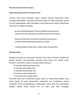 Nilai-nilai Universal Antara Tamadun


Institut Keluarga Dan Komuniti Tamadun Islam


Tamadun Islam yang berasaskan ajaran al-Quran memberi kepentingan dalam
hubungan kekeluargaan. Hubungan anak-anak dengan ibu bapa berasaskan kepada
hak dan tanggungjawab. Islam menegaskan hak terhadap anak mestilah dilaksanakan
sejak anak itu di dalam kandungan;


      - Ibu bapa bertanggungjawab memberi pendidikan yang sempurna
        kepada anak-anak-merangkumi pendidikan agama dan kemahiran.


      - Anak-anak tidak boleh menderhaka terhadap ibu bapa kerana
        keredhaan Allah terletak pada keredhaan ibu bapa.


      - Konsep keadilan menjadi asas di dalam sistem keluarga Islam.


Tamadun China


Keluarga merupakan unit asas dalam Tamadun China. Ajaran Confucius menjadi asas
kepada Tamadun China-pentingkan hubungan kasih sayang dan hierarki kuasa.
Konsep ‘li’ menekankan 5 jalinan hubungan sesama manusia:-
      a) hubungan maharaja dengan rakyat
      b) hubungan bapa dengan anak
      c) hubungan abang dengan adik
      d) hubungan suami dengan isteri
      e) hubungan kawan dengan kawan
Anak-anak tidak boleh menderhaka kepada kedua ibu bapa.Konsep ketaatan yang
kental kepada ibu bapa menyebabkan masyarakat cina mengadakan upacara
mengingati nenek moyang-bertujuan mengucapkan terima kasih dan menunjukkan
ketaatan   kepada    nenek    moyang    dan    ibu   bapa   yang   telah   meninggal.



                                         27
 