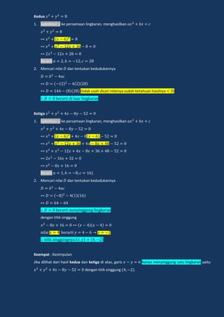 Kedua
1. Substitusi ke persamaan lingkaran, menghasilkan
Berarti
2. Mencari nilai dan tentukan kedudukannya
(tidak usah dicari nilainya sudah ketahuan hasilnya )
e a i di l a lingka an
Ketiga
1. Substitusi ke persamaan lingkaran, menghasilkan
Berarti
2. Mencari nilai dan tentukan kedudukannya
e a i men ingg ng lingka an
dengan titik singgung
nilai e a i
i ik ingg ngn a
Keempat : Kesimpulan
Jika dilihat dari hasil kedua dan ketiga di atas, garis hanya menyinggung satu lingkaran yaitu
dengan titik singgung .
 