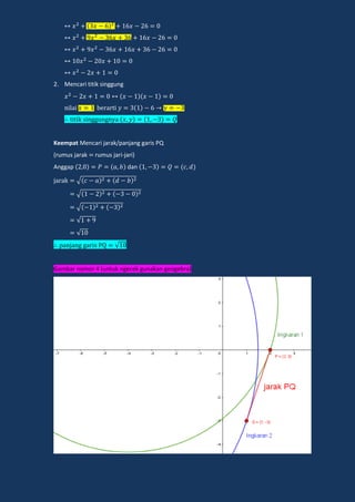 2. Mencari titik singgung
nilai e a i
i ik ingg ngn a
Keempat Mencari jarak/panjang garis PQ
(rumus jarak rumus jari-jari)
Anggap dan
ja ak √
ja ak √
ja ak √
ja ak √
ja ak √
panjang ga i √
Gambar nomor 4 (untuk ngecek gunakan geogebra)
 