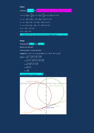 Kedua
Substisusi ke
( ) ( )
e k i n a ama e a i men ingg ng ga i
Ketiga
Panjang titik dan
Berarti cari jari-jari
(rumus jarak rumus jari-jari)
Anggap dan
ja ak √
ja ak √
ja ak √
ja ak √
ja ak √
panjang ga i e e √
 