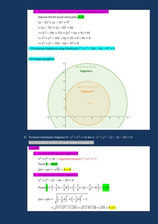 b) Cari persamaan yang konsentris (sepusat) dengan jari-jari
Sepusat berarti pusat sama yaitu
e amaan lingka an ang dimak d
Cek dengan geogebra
2) Tentukan kedudukan lingkaran dan !
Soal dimodifikasi sedikit, ada ganti angka 4 menjadi 16.
Langkah:
a) Cari pusat dan jari-jari lingkaran K
inga pe amaan
a
a i ja i √
b) Cari pusat dan jari-jari lingkaran L
a ( ) ( )
a i ja i √( ) ( )
a i ja i √ √ √
 