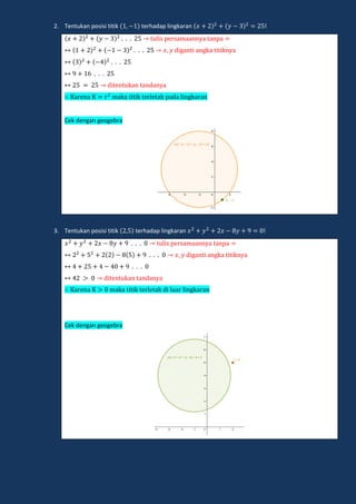 2. Tentukan posisi titik terhadap lingkaran !
li pe amaann a anpa
digan i angka i ikn a
di en kan andan a
a ena maka i ik e le ak pada lingka an
Cek dengan geogebra
3. Tentukan posisi titik terhadap lingkaran !
li pe amaann a anpa
digan i angka i ikn a
di en kan andan a
a ena maka i ik e le ak di l a lingka an
Cek dengan geogebra
 