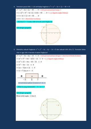 4. Tentukan posisi titik terhadap lingkaran !
li pe amaann a anpa
digan i angka i ikn a
di en kan andan a
a ena maka i ik e le ak pada lingka an
Cek dengan geogebra
5. Diketahui sebuah lingkaran dan sebuah titik . Tentukan batas
nilai agar titik berada di dalam lingkaran!
li pe amaann a dengan ka ena e le ak di dalam
digan i angka i ikn a
a a
ilai m ang memen hi
Cek dengan geogebra
Misal ambil angka dan
 