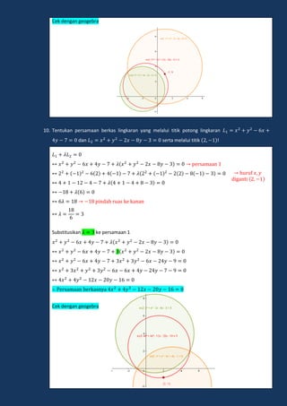 Cek dengan geogebra
10. Tentukan persamaan berkas lingkaran yang melalui titik potong lingkaran
dan serta melalui titik !
pe amaan
pindah a ke kanan
Substitusikan ke persamaan 1
e amaan e ka n a
Cek dengan geogebra
h f 𝑥 𝑦
digan i
 