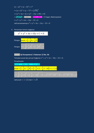 (√ )
(ingat: dikelompokan)
Jadi persamaannya
4. Persamaan Umum Lingkaran
engan p a ( )
engan √( ) ( )
Contoh: Uji Kompetensi 1 Halaman 12 No. 9d
Tentukan pusat dan jari-jari lingkaran .
Penyelesaian:
p a ( ) ( )
√( ) ( ) √ √ √
Jadi pusat dan √
𝑥 𝑦 𝐴𝑥 𝐵𝑦 𝐶
 