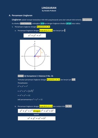 LINGKARAN
by Amalia Prahesti
A. Persamaan Lingkaran
Lingkaran adalah tempat kedudukan titik-titik yang berjarak sama dari sebuah titik tertentu. Titik tertentu
itu disebut pusat lingkaran, sedangkan jaraknya dengan lingkaran disebut jari-jari atau radius.
1. Persamaan Lingkaran dengan Pusat di O
a. Persamaan lingkaran dengan Pusat di O dan berjari-jari r
Contoh: Uji Kompetensi 1 Halaman 9 No. 1b
Tentukan persamaan lingkaran dengan Pusat di O dan berjari-jari √ .
Penyelesaian:
( √ )
Jadi persamaannya
b. Persamaan lingkaran dengan Pusat di O dan melalui titik ( a , b )
berarti
𝑥 𝑦 𝑟
𝑥 𝑦 𝑟 dengan 𝑟 𝑎 𝑏
𝑥 𝑦 𝑎 𝑏
 