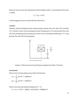 13
Besarnya momen inersia dari penampang tersebut terhadap sumbu Y yang berjarak d2 dari garis
yo adalah,
Contoh penggunaan rumus tersebut diberikan dibawah ini.
Contoh 2
Diketahui sebuah penampang persegi panjang dengan panjang 30cm dan lebar 20cm (Gambar
3.8). Tentukan momen inersia penampang tersebut terhadap garis X-X yang berjarak 40cm dari
titik berat penampang persegi panjang dan momen inersia penampang terhadap garis Y-Y yang
berjarak 50cm dati titik berat penampang.
Gambar 3.8 Momen Inersia Persegi Panjang terhadap Garis Diluar Titik Berat
Penyelesaian
Momen inersia persegi panjang yang melalui titik beratnya,
Momen inersia persegi panjang terhadap garis X - X,
 