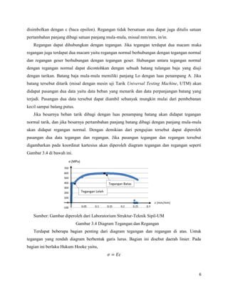 6
disimbolkan dengan ε (baca epsilon). Regangan tidak bersatuan atau dapat juga ditulis satuan
pertambahan panjang dibagi satuan panjang mula-mula, missal mm/mm, in/in.
Regangan dapat dihubungkan dengan tegangan. Jika tegangan terdapat dua macam maka
regangan juga terdapat dua macam yaitu regangan normal berhubungan dengan tegangan normal
dan regangan geser berhubungan dengan tegangan geser. Hubungan antara tegangan normal
dengan regangan normal dapat dicontohkan dengan sebuah batang tulangan baja yang diuji
dengan tarikan. Batang baja mula-mula memiliki panjang Lo dengan luas penampang A. Jika
batang tersebut ditarik (misal dengan mesin uji Tarik Universal Testing Machine, UTM) akan
didapat pasangan dua data yaitu data beban yang menarik dan data perpanjangan batang yang
terjadi. Pasangan dua data tersebut dapat diambil sebanyak mungkin mulai dari pembebanan
kecil sampai batang putus.
Jika besarnya beban tarik dibagi dengan luas penampang batang akan didapat tegangan
normal tarik, dan jika besarnya pertambahan panjang batang dibagi dengan panjang mula-mula
akan didapat regangan normal. Dengan demikian dari pengujian tersebut dapat diperoleh
pasangan dua data tegangan dan regangan. Jika pasangan tegangan dan regangan tersebut
digambarkan pada koordinat kartesius akan diperoleh diagram tegangan dan regangan seperti
Gambar 3.4 di bawah ini.
Sumber: Gambar diperoleh dari Laboratorium Struktur-Teknik Sipil-UM
Gambar 3.4 Diagram Tegangan dan Regangan
Terdapat beberapa bagian penting dari diagram tegangan dan regangan di atas. Untuk
tegangan yang rendah diagram berbentuk garis lurus. Bagian ini disebut daerah linier. Pada
bagian ini berlaku Hukum Hooke yaitu,
 