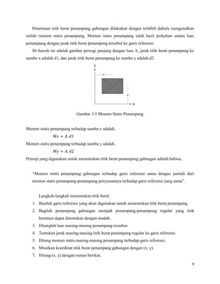 9
Penentuan titik berat penampang gabungan dilakukan dengan terlebih dahulu mengenalkan
istilah momen statis penampang. Momen statis penampang ialah hasil perkalian antara luas
penampang dengan jarak titik berat penampang tersebut ke garis referensi.
Di bawah ini adalah gambar persegi panjang dengan luas A, jarak titik berat penampang ke
sumbu x adalah d1, dan jarak titik berat penampang ke sumbu y adalah d2.
Gambar 3.5 Momen Statis Penampang
Momen statis penampang terhadap sumbu x adalah,
Momen statis penampang terhadap sumbu y adalah,
Prinsip yang digunakan untuk menentukan titik berat penampang gabungan adalah bahwa,
“Momen statis penampang gabungan terhadap garis referensi sama dengan jumlah dari
momen statis penampang-penampang penyusunnya terhadap garis referensi yang sama”.
Langkah-langkah menentukan titik berat:
1. Buatlah garis referensi yang akan digunakan untuk menentukan titik berat penampang.
2. Bagilah penampang gabungan menjadi penampang-penampang regular yang titik
beratnya dapat ditentukan dengan mudah.
3. Hitunglah luas masing-masing penampang tersebut.
4. Tentukan jarak masing-masing titik berat penampang regular ke garis referensi.
5. Hitung momen statis masing-masing penampang terhadap garis referensi.
6. Misalkan koordinat titik berat penampang gabungan dengan (x, y).
7. Hitung (x, y) dengan rumus berikut,
 