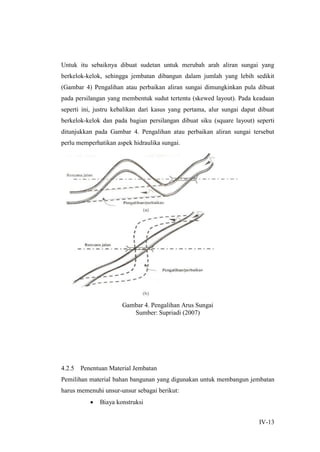 IV-13
Untuk itu sebaiknya dibuat sudetan untuk merubah arah aliran sungai yang
berkelok-kelok, sehingga jembatan dibangun dalam jumlah yang lebih sedikit
(Gambar 4) Pengalihan atau perbaikan aliran sungai dimungkinkan pula dibuat
pada persilangan yang membentuk sudut tertentu (skewed layout). Pada keadaan
seperti ini, justru kebalikan dari kasus yang pertama, alur sungai dapat dibuat
berkelok-kelok dan pada bagian persilangan dibuat siku (square layout) seperti
ditunjukkan pada Gambar 4. Pengalihan atau perbaikan aliran sungai tersebut
perlu memperhatikan aspek hidraulika sungai.
Gambar 4. Pengalihan Arus Sungai
Sumber: Supriadi (2007)
4.2.5 Penentuan Material Jembatan
Pemilihan material bahan bangunan yang digunakan untuk membangun jembatan
harus memenuhi unsur-unsur sebagai berikut:
 Biaya konstruksi
 