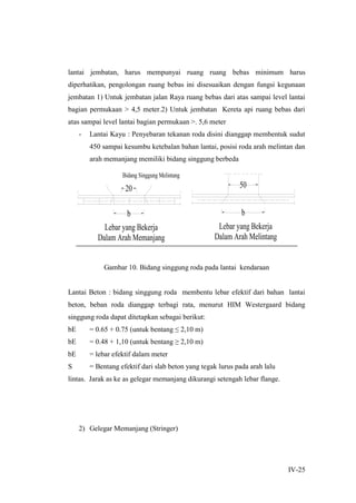 IV-25
lantai jembatan, harus mempunyai ruang ruang bebas minimum harus
diperhatikan, pengolongan ruang bebas ini disesuaikan dengan fungsi kegunaan
jembatan 1) Untuk jembatan jalan Raya ruang bebas dari atas sampai level lantai
bagian permukaan > 4,5 meter.2) Untuk jembatan Kereta api ruang bebas dari
atas sampai level lantai bagian permukaan >. 5,6 meter
- Lantai Kayu : Penyebaran tekanan roda disini dianggap membentuk sudut
450 sampai kesumbu ketebalan bahan lantai, posisi roda arah melintan dan
arah memanjang memiliki bidang singgung berbeda
Gambar 10. Bidang singgung roda pada lantai kendaraan
Lantai Beton : bidang singgung roda membentu lebar efektif dari bahan lantai
beton, beban roda dianggap terbagi rata, menurut HIM Westergaard bidang
singgung roda dapat ditetapkan sebagai berikut:
bE = 0.65 + 0.75 (untuk bentang ≤ 2,10 m)
bE = 0.48 + 1,10 (untuk bentang ≥ 2,10 m)
bE = lebar efektif dalam meter
S = Bentang efektif dari slab beton yang tegak lurus pada arah lalu
lintas. Jarak as ke as gelegar memanjang dikurangi setengah lebar flange.
2) Gelegar Memanjang (Stringer)
b
Lebar yang Bekerja
Dalam Arah Memanjang
Bidang Singgung Melintang
20
b
Lebar yang Bekerja
Dalam Arah Melintang
50
 
