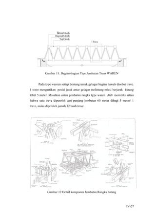 IV-27
Gambar 11. Bagian-bagian Tipe Jembatan Truss WAREN
Pada type wareen setiap bentang untuk gelagar bagian bawah disebut trave.
1 trave mengartikan posisi jarak antar gelagar melintang miasl berjarak kurang
lebih 5 meter. Misalkan untuk jembatan rangka type waren A60 memiliki artian
bahwa satu trave diperoleh dari panjang jembatan 60 meter dibagi 5 meter/ 1
trave, maka diperoleh jumah 12 buah trave.
Gambar 12 Detail komponen Jembatan Rangka batang
 