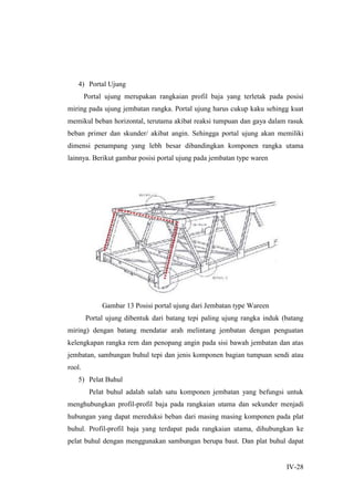 IV-28
4) Portal Ujung
Portal ujung merupakan rangkaian profil baja yang terletak pada posisi
miring pada ujung jembatan rangka. Portal ujung harus cukup kaku sehingg kuat
memikul beban horizontal, terutama akibat reaksi tumpuan dan gaya dalam rasuk
beban primer dan skunder/ akibat angin. Sehingga portal ujung akan memiliki
dimensi penampang yang lebh besar dibandingkan komponen rangka utama
lainnya. Berikut gambar posisi portal ujung pada jembatan type waren
Gambar 13 Posisi portal ujung dari Jembatan type Wareen
Portal ujung dibentuk dari batang tepi paling ujung rangka induk (batang
miring) dengan batang mendatar arah melintang jembatan dengan penguatan
kelengkapan rangka rem dan penopang angin pada sisi bawah jembatan dan atas
jembatan, sambungan buhul tepi dan jenis komponen bagian tumpuan sendi atau
rool.
5) Pelat Buhul
Pelat buhul adalah salah satu komponen jembatan yang befungsi untuk
menghubungkan profil-profil baja pada rangkaian utama dan sekunder menjadi
hubungan yang dapat mereduksi beban dari masing masing komponen pada plat
buhul. Profil-profil baja yang terdapat pada rangkaian utama, dihubungkan ke
pelat buhul dengan menggunakan sambungan berupa baut. Dan plat buhul dapat
 