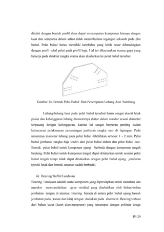 IV-29
dirakit dengan bentuk profil akan dapat menempatan komponen lainnya dengan
kuat dan sempurna dalam artian tidak menimbulkan tegangan sekundr pada plat
buhul. Pelat buhul harus memiliki ketebalan yang lebih besar dibandingkan
dengan profil tebal pelat pada profil baja. Hal ini dikarenakan semua gaya yang
bekerja pada struktur rangka utama akan disalurkan ke pelat buhul tersebut.
Gambar 14. Bentuk Pelat Buhul Dan Penempatan Lobang Alat Sambung
Lubang-lubang baut pada pelat buhul tersebut harus sangat akurat letak
posisi dan kelonggaran lubang diameternya diatur dalam standar sesuai diameter
terpasang dengan kelonggaran, karena ini sangat berperan penting dalam
kelancaran pelaksanaan pemasangan jembatan rangka saat di lapangan. Pada
umumnya diameter lubang pada pelat buhul dilebihkan sebesar 1 - 2 mm. Pelat
buhul jembatan rangka baja terdiri dari pelat buhul dalam dan pelat buhul luar.
Bentuk pelat buhul untuk komponen ujung berbeda dengan komponen tengah
bentang. Pelat buhul untuk komponen tengah dapat ditukarkan untuk sesama pelat
buhul tengah tetapi tidak dapat ditukarkan dengan pelat buhul ujung jembatan
(posisi letak dan bentuk susunan sudah berbeda).
6) Bearing/Buffer/Landasan
Bearing / landasan adalah suatu komponen yang dipersiapkan untuk menahan dan
mereksi mentransferkan gaya vertikal yang disebabkan oleh beban-beban
jembatan rangka di atasnya. Bearing berada di antara pelat buhul ujung bawah
jembatan pada (kanan dan kiri) dengan dudukan pada abutment. Bearing terbuat
dari bahan karet (karet alam/neoprene) yang tercampur dengan polimer denga
 