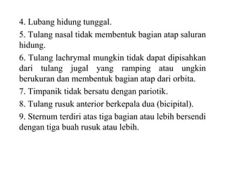 4. Lubang hidung tunggal.
5. Tulang nasal tidak membentuk bagian atap saluran
hidung.
6. Tulang lachrymal mungkin tidak dapat dipisahkan
dari tulang jugal yang ramping atau ungkin
berukuran dan membentuk bagian atap dari orbita.
7. Timpanik tidak bersatu dengan pariotik.
8. Tulang rusuk anterior berkepala dua (bicipital).
9. Sternum terdiri atas tiga bagian atau lebih bersendi
dengan tiga buah rusuk atau lebih.
 