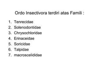 Ordo Insectivora terdiri atas Famili :
1. Tenrecidae
2. Solenodontidae
3. Chrysochloridae
4. Erinaceidae
5. Soricidae
6. Talpidae
7. macroscelididae
 