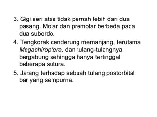 3. Gigi seri atas tidak pernah lebih dari dua
pasang. Molar dan premolar berbeda pada
dua subordo.
4. Tengkorak cenderung memanjang, terutama
Megachiroptera, dan tulang-tulangnya
bergabung sehingga hanya tertinggal
beberapa sutura.
5. Jarang terhadap sebuah tulang postorbital
bar yang sempurna.
 