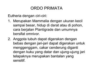 ORDO PRIMATA
Eutheria dengan ciri-ciri:
1. Merupakan Mammalia dengan ukuran kecil
sampai besar, hidup di darat atau di pohon,
cara berjalan Plantigrade dan umumnya
bersifat omnivor.
2. Anggota tubuh dapat digerakan dengan
bebas dengan jari-jari dapat digerakan untuk
menggenggam, cakar cenderung diganti
dengan kuku yang datar dan ujung-ujung jari
telapaknya merupakan bantalan yang
sensitif.
 