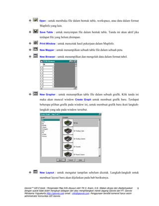 Open : untuk membuka file dalam bentuk table, workspace, atau data dalam format

               MapInfo yang lain.

               Save Table : untuk menyimpan file dalam bentuk table. Tanda ini akan aktif jika

               terdapat file yang belum disimpan.

               Print Window : untuk mencetak hasil pekerjaan dalam MapInfo.

               New Mapper : untuk menampilkan sebuah table file dalam sebuah peta.

               New Browser : untuk menampilkan dan mengolah data dalam format tabel.




               New Grapher : untuk menampilkan table file dalam sebuah grafik. Klik tanda ini

               maka akan muncul window Create Graph untuk membuat grafik baru. Terdapat
               beberapa pilihan grafik pada window ini, untuk membuat grafik baru ikuti langkah-
               langkah yang ada pada window tersebut.




               New Layout : untuk mengatur tampilan sebelum dicetak. Langkah-langkah untuk

               membuat layout baru akan dijelaskan pada bab berikutnya.


Geovisi™ GIS E-book : Pengenalan Map Info disusun oleh Titi S. Anam, S.Si. Silakan dicopy dan disebarluaskan   9
dengan syarat tidak boleh mengkopi sebagian dan atau menghilangkan merek dagang Geovisi dari PT. Geovisi
Mitratama Yogyakarta http://geovisi.com email : info@geovisi.com. Penggunaan bersifat komersil harus seizin
administrator Komunitas GIS Geovisi.
 