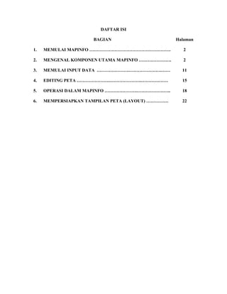 DAFTAR ISI

                     BAGIAN                       Halaman

1.   MEMULAI MAPINFO ……………………………………………….             2

2.   MENGENAL KOMPONEN UTAMA MAPINFO ………………….        2

3.   MEMULAI INPUT DATA ………………….………………….……          11

4.   EDITING PETA ………………….………………….………………            15

5.   OPERASI DALAM MAPINFO ………………….…………………..        18

6.   MEMPERSIAPKAN TAMPILAN PETA (LAYOUT) ……………     22
 